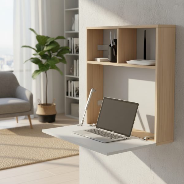 Escritorio Habitacion Oficina Juvenil Hogar Flotante Plegable Espacio Reducido Moderno Blanco Y Roble Eco063 Dielfe Blanco / Roble Natural
