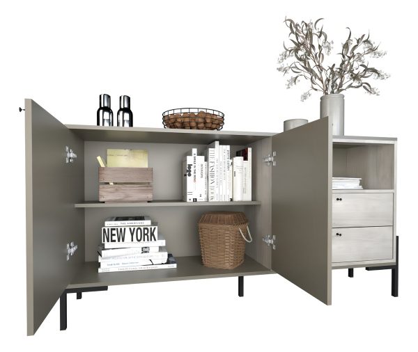 Bahiut Vajillero Moderno C/ Patas De Metal Puertas Y Cajones Color Gris Nevado