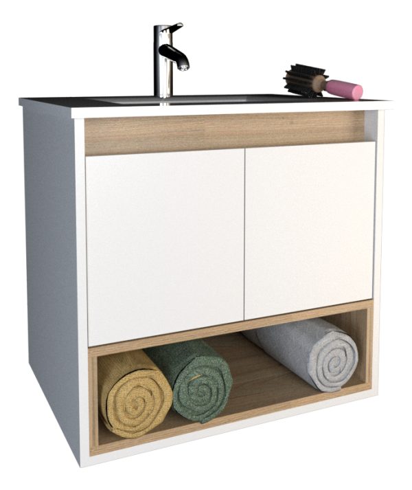 D_872689-MLA87790326098_072025-F.jpg Combo Baño Vanitory Flotante Y Botiquin Con Espejo Melamina Color Olmo/blanco- 3 Agujeros