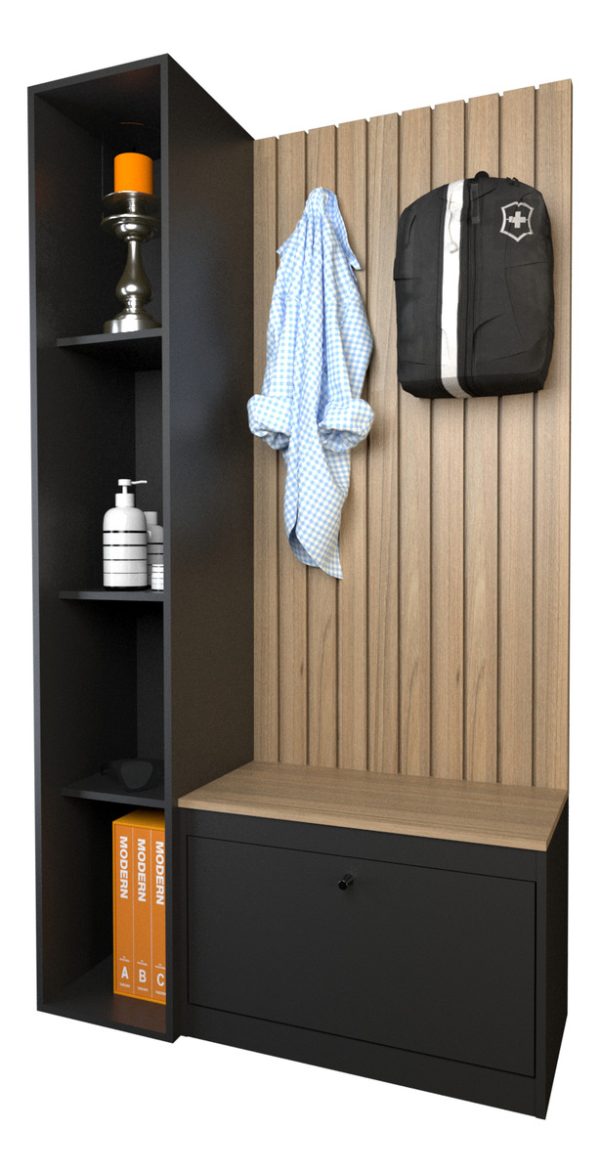 Recibidor Zapatero Con Perchero Organizador Entrada Color Olmo Negro