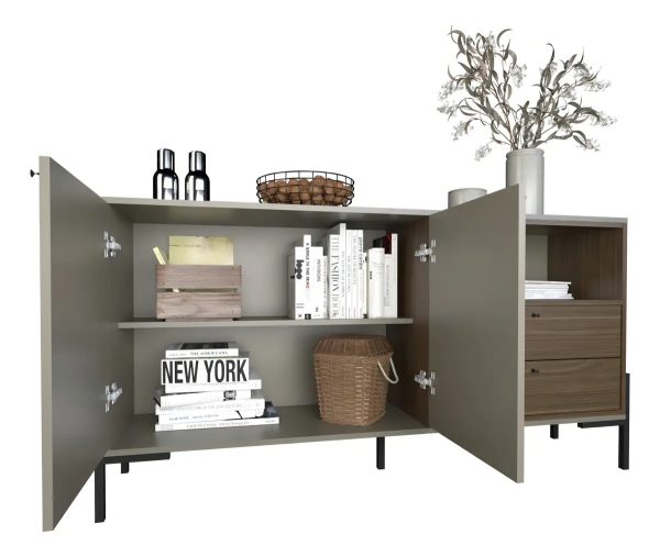 Bahiut Vajillero Moderno C/ Patas De Metal Puertas Y Cajones Color Gris Nogal