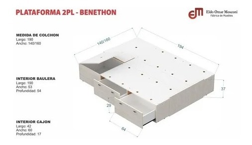 Base Box Plataforma 1.40 O 1.60 X 1.90- 4 Caj. 2 Baul- 56637