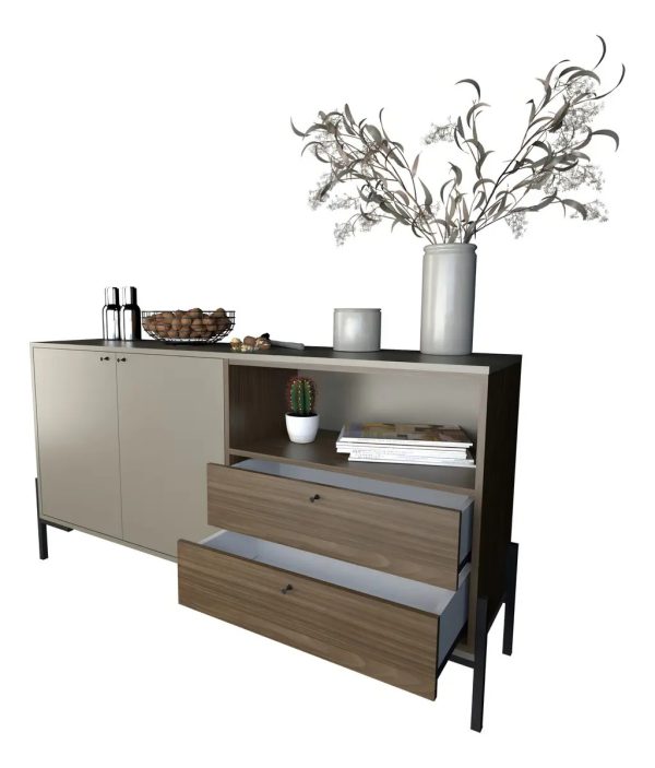 Bahiut Vajillero Moderno C/ Patas De Metal Puertas Y Cajones Color Gris Nogal