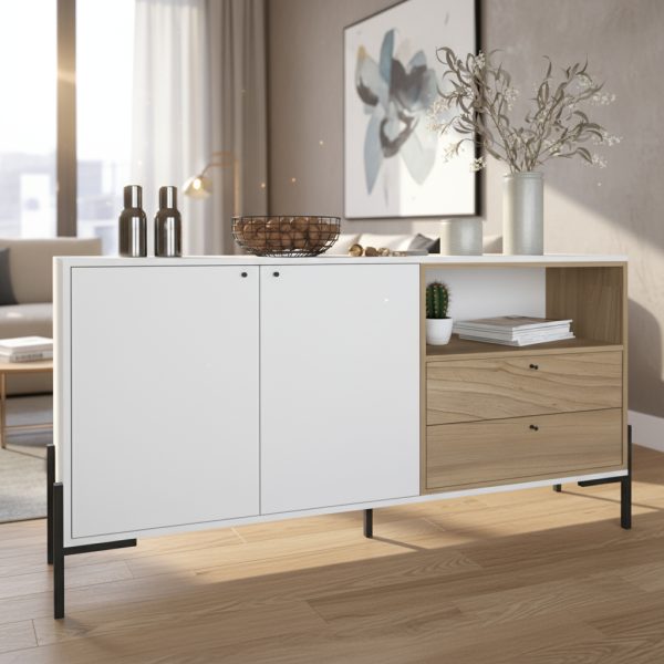 Bahiut Vajillero Moderno Table's Melamina Metal 2 Puertas Everest Olmo