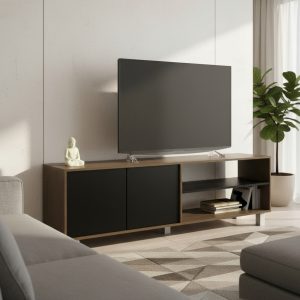 Mesa Rack Tv Melamina Minimalista Moderna 180 Cm 2 Puertas C Color Nogal/negro