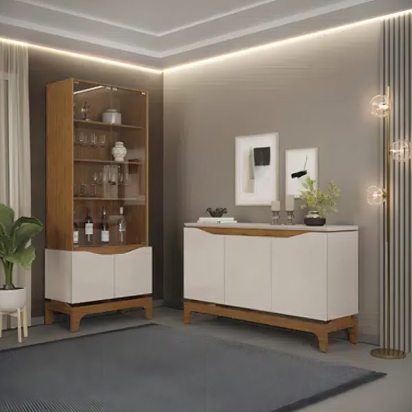 Buffet Comoda Comedor Living, 3 Puertas, 2 Estantes, Mdp Y Mdf, Color Blanco Y Miel, Dj Móveis Freijó/off White