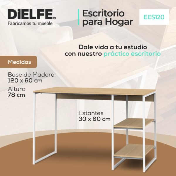 Escritorio Mesa De Trabajo Hogar Oficina Para Computadora Cpu 3 Estantes 120cm Color Blanco Y Roble Natural Ees120 Dielfe Roble Natural / Blanco