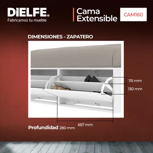 Cama Box 2 Plazas Queen Xl Extensible 140 Cm O 160 Cm Con Cajones Zapateros Baulera Color Blanca Dormitorio Moderna Guardado Completo Cam160 Dielfe