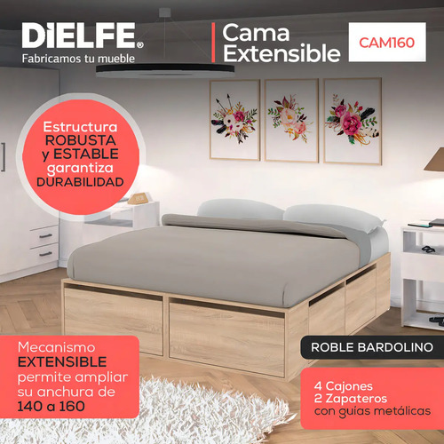Cama Box 2 Plazas Queen Xl Extensible 140 Cm O 160 Cm Con Cajones Zapateros Baulera Roble Kendal Dormitorio Moderna Guardado Completo Cam160 Dielfe