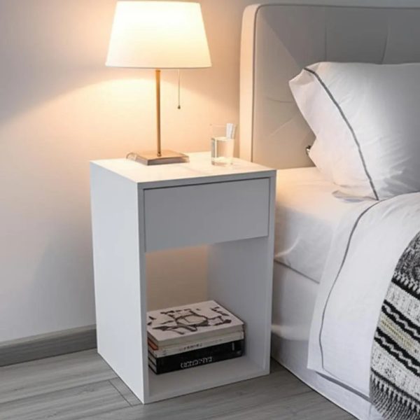 D_641303-MLA99525258668_122025-F.jpg Mesa De Luz Noche Dormitorio Melamina 1 Caj Espacio Libre Color Blanco Delos Dld08 Mate