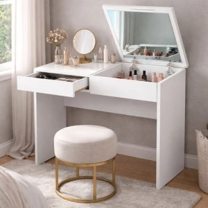 D_643461-MLA105993568187_012026-O.jpg Tocador Con Espejo 100 Cm Maquillaje Make Up Mesa Tocador Con Cajón Y Tapa Abatible Melamina Blanco Moderno Organizador Dormitorio Fácil Limpieza Resistente Tce100 Dielfe