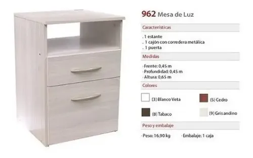 Mesa De Luz 1 Cajon, 1 Puerta, 1 Estante. Cod. 962