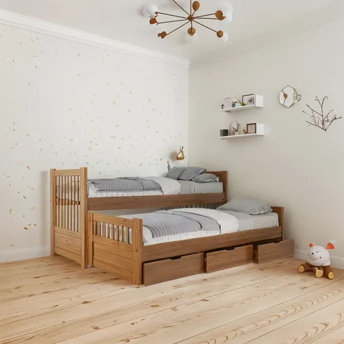 Cama Nido Doble Con Cajonera (3 Cajonera). Pino Lustrado 113
