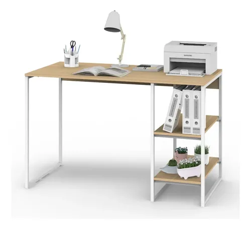 Escritorio Mesa De Trabajo Hogar Oficina Para Computadora Cpu 3 Estantes 120cm Color Blanco Y Roble Natural Ees120 Dielfe Roble Natural / Blanco