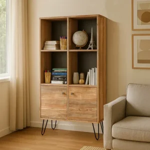 Biblioteca Estantería Melamina Diseño Industrial Moderna Organizador Oficina Living Estudio Exhibidor Columna Modular 2 Cuerpos 2 Puertas 6 Estantes Atakama Patas Negras Le076 Dielfe