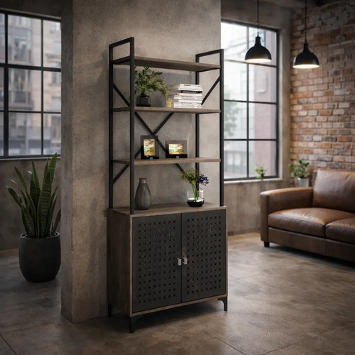 D_667588-MLA104224527884_012026-O.jpg Biblioteca Estanteria Melamina Diseño Industrial Moderno Linea Soho Organizador Oficina Living Exhibidor Con Puertas Canyon Negro 172 Cm Ess070 Dielfe
