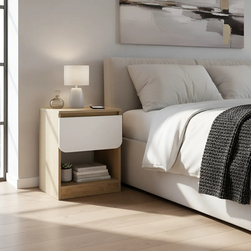 D_674364-MLA105461401655_012026-O.jpg Mesa Luz 1 Cajon Linea Curvalba, Muebles Gacela Acabado Laqueado Color Blanco/roble Miel