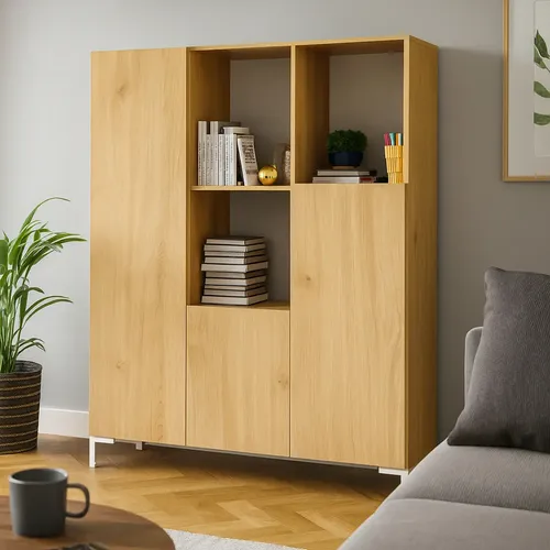 Biblioteca Estantería Melamina Diseño Oslo Nórdico Organizador Living Oficina Estudio Columna Modular 3 Cuerpos 3 Puertas 9 Estantes Roble Natural Patas Blancas Los110 Dielfe