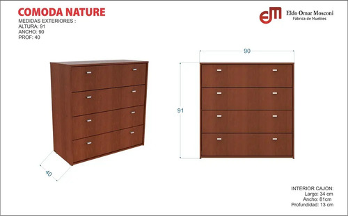 Comoda Cajonera Chifonier 4 Cajones 90 X 92 X 47. Nature