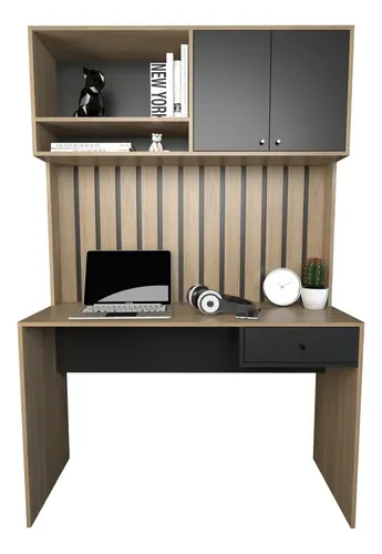 Escritorio Varillado Mesa Pc Computacion Con Alzada Moderno Color Olmo Finlandes Con Negro