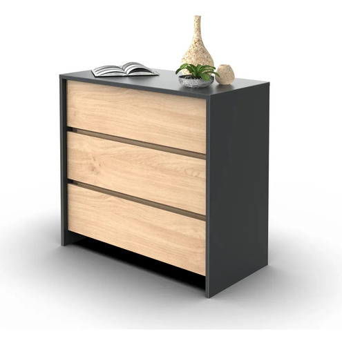 Cómoda 3 Cajones Línea Niza Organizador Dormitorio Living Guardado Ropa Accesorios Sin Tiradores Estilo Moderno Flotante... Gris / Roble Kendal
