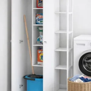D_689376-MLA104797185948_012026-O.webp Escobero Despensero Cocina Servicio 2 Puertas 4 Estantes + Estantería Metálica 5 Niveles Organizador Blanco Melamina Multifunción Guardado Despensa Hogar Compacto Moderna Limpieza E062 + Me180 Dielfe