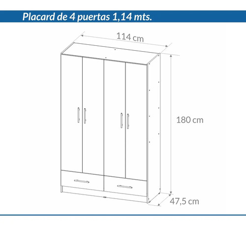 Placard Ropero 4 Puertas, 2 Cajones 1.14- 1.80- 0.47 Dpb 114