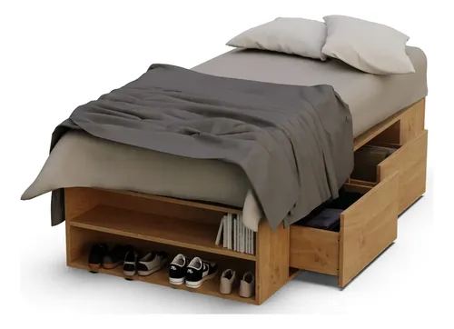 Cama 1 Plaza Con Cajones Box Madera Zapatero Estanteria Baulera Sommier Guardado Melamina Roble Kendal 90x190 Cm Moderna Cam100 Dielfe