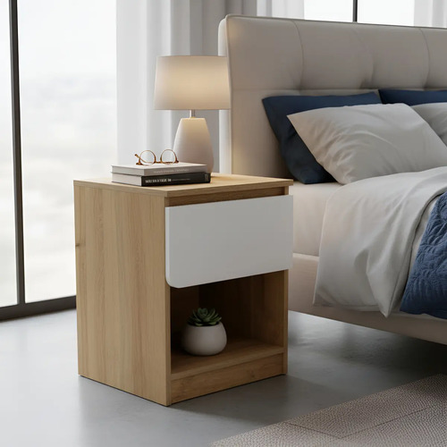 D_708473-MLA105458357973_012026-O.jpg Mesa Luz 1 Cajon Linea Curvalba, Muebles Gacela Acabado Laqueado Color Blanco/roble Miel