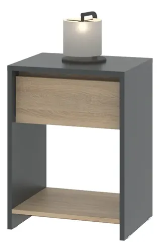 Mesa De Luz Moderna Mesita De Noche Línea Niza Gris Y Roble Kendal 1 Cajón Frente Símil Madera Estante Inferior Melamina... Mate Gris / Roble Kendal