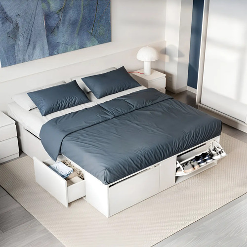 Cama Box 2 Plazas Queen Xl Extensible 140 Cm O 160 Cm Con Cajones Zapateros Baulera Color Blanca Dormitorio Moderna Guardado Completo Cam160 Dielfe