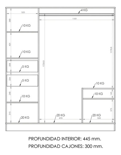 Ropero Placard 2 Puertas Corredizas- 2 Cajones Int. Plo 180