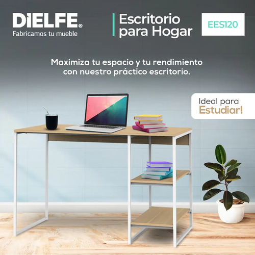 Escritorio Mesa De Trabajo Hogar Oficina Para Computadora Cpu 3 Estantes 120cm Color Blanco Y Roble Natural Ees120 Dielfe Roble Natural / Blanco