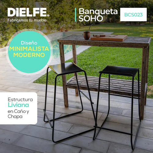 Banquetas Industrial Soho Negra Taburete Kit X2 Alto Asiento De Chapa Metálica Con Respaldo Caño Redondo 5/8 Para Barra Cocina Desayunador Living Resistente 90 Kg Bcs023 Dielfe Laqueado Negro