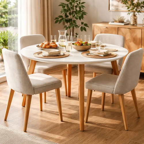 Mesa Redonda 90 Cm. Patas De Madera Paraiso, Tapa Melamina