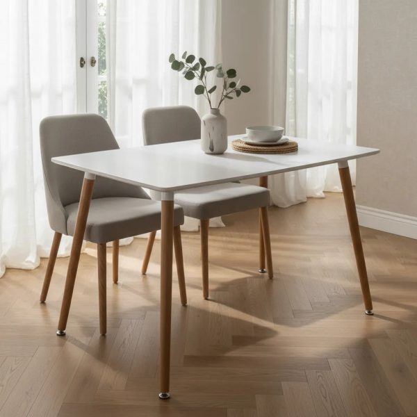 Mesa Nordica Eames Rectangular Comedor 140 X 80 Tapa Blanco Patas Natural Marrón