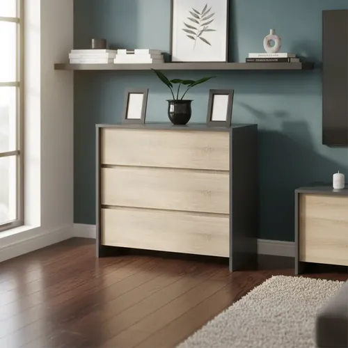 Cómoda 3 Cajones Línea Niza Organizador Dormitorio Living Guardado Ropa Accesorios Sin Tiradores Estilo Moderno Flotante... Gris / Roble Kendal