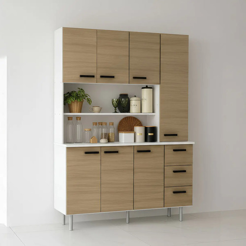 D_762697-MLA99748730671_112025-O.jpg Aparador De Cocina 1,20mt Melamina 7ptas 3 Cajones Estantes Color Blanco Frente Avellana