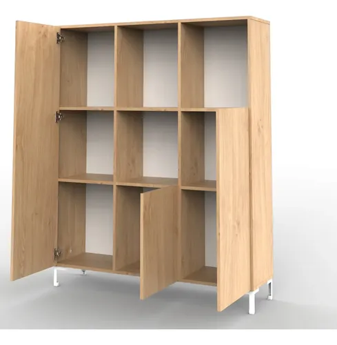 Biblioteca Estantería Melamina Diseño Oslo Nórdico Organizador Living Oficina Estudio Columna Modular 3 Cuerpos 3 Puertas 9 Estantes Roble Natural Patas Blancas Los110 Dielfe