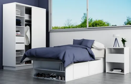 Cama 1 Plaza Con Cajones Box Madera Zapatero Estanteria Baulera Sommier Guardado Melamina Blanco 90x190 Cm Moderna Cam100 Dielfe