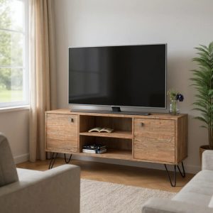 Mueble De Tv Rack Para Tv Led Tele Televisor Hasta 60'' Con 2 Puertas 2 Estantes Mdp 140cm Color Atakama Negro Industrial Patas De Hierro Re141 Dielfe