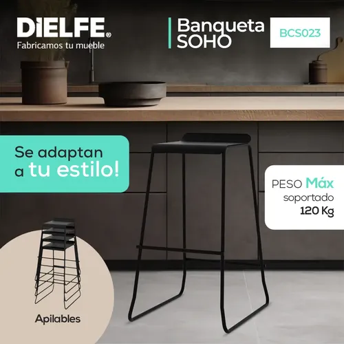 Banquetas Industrial Soho Negra Taburete Kit X2 Alto Asiento De Chapa Metálica Con Respaldo Caño Redondo 5/8 Para Barra Cocina Desayunador Living Resistente 90 Kg Bcs023 Dielfe Laqueado Negro