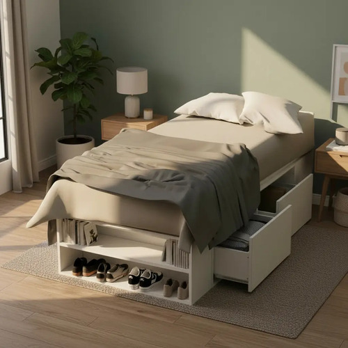 Cama 1 Plaza Con Cajones Box Madera Zapatero Estanteria Baulera Sommier Guardado Melamina Blanco 90x190 Cm Moderna Cam100 Dielfe