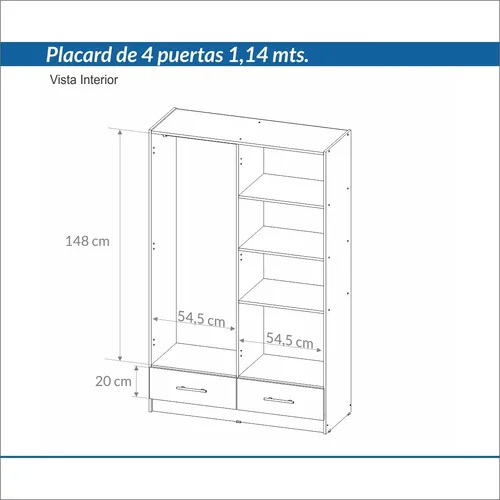 Placard Ropero 4 Puertas, 2 Cajones 1.14- 1.80- 0.47 Dpb 114