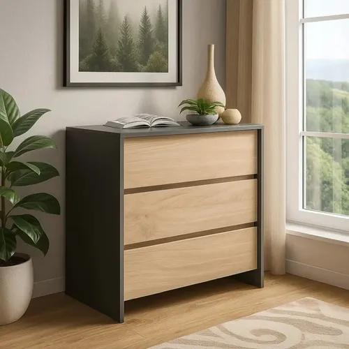 Cómoda 3 Cajones Línea Niza Organizador Dormitorio Living Guardado Ropa Accesorios Sin Tiradores Estilo Moderno Flotante... Gris / Roble Kendal