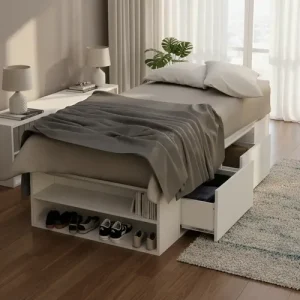 Cama 1 Plaza Con Cajones Box Madera Zapatero Estanteria Baulera Sommier Guardado Melamina Blanco 90x190 Cm Moderna Cam100 Dielfe