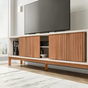 Banco Rasgado Tannen Para Televisores De Hasta 70 Pulgadas Con Estante Y Puerta, Color Freijó Off Muebles Para Tv Freijó/off