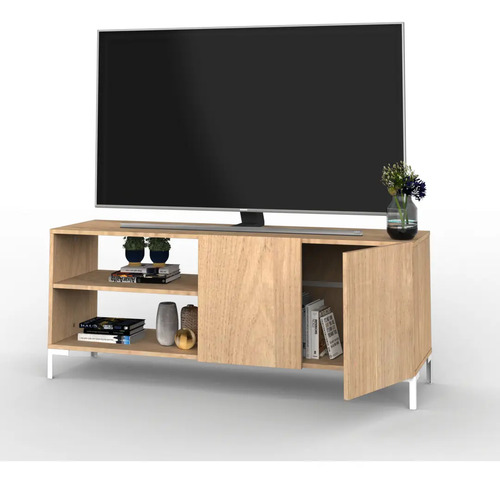 Mueble De Tv Rack Para Tv Led Tele Televisor Hasta 55'' Con 2 Puertas 2 Estantes Melamina 130cm Color Roble Natural Moderno Linea Oslo Ros130 Dielfe