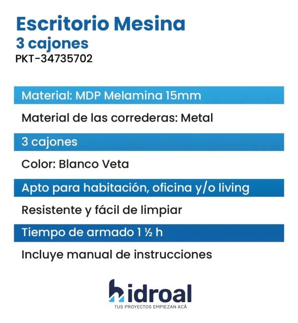 Escritorio Pektra Moderno Madrid Melamina 3 Cajones 109x75x45 Cm Color Blanco Veta