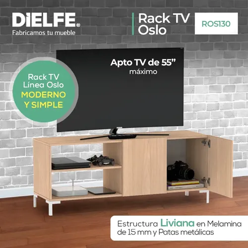 Mueble De Tv Rack Para Tv Led Tele Televisor Hasta 55'' Con 2 Puertas 2 Estantes Melamina 130cm Color Roble Natural Moderno Linea Oslo Ros130 Dielfe